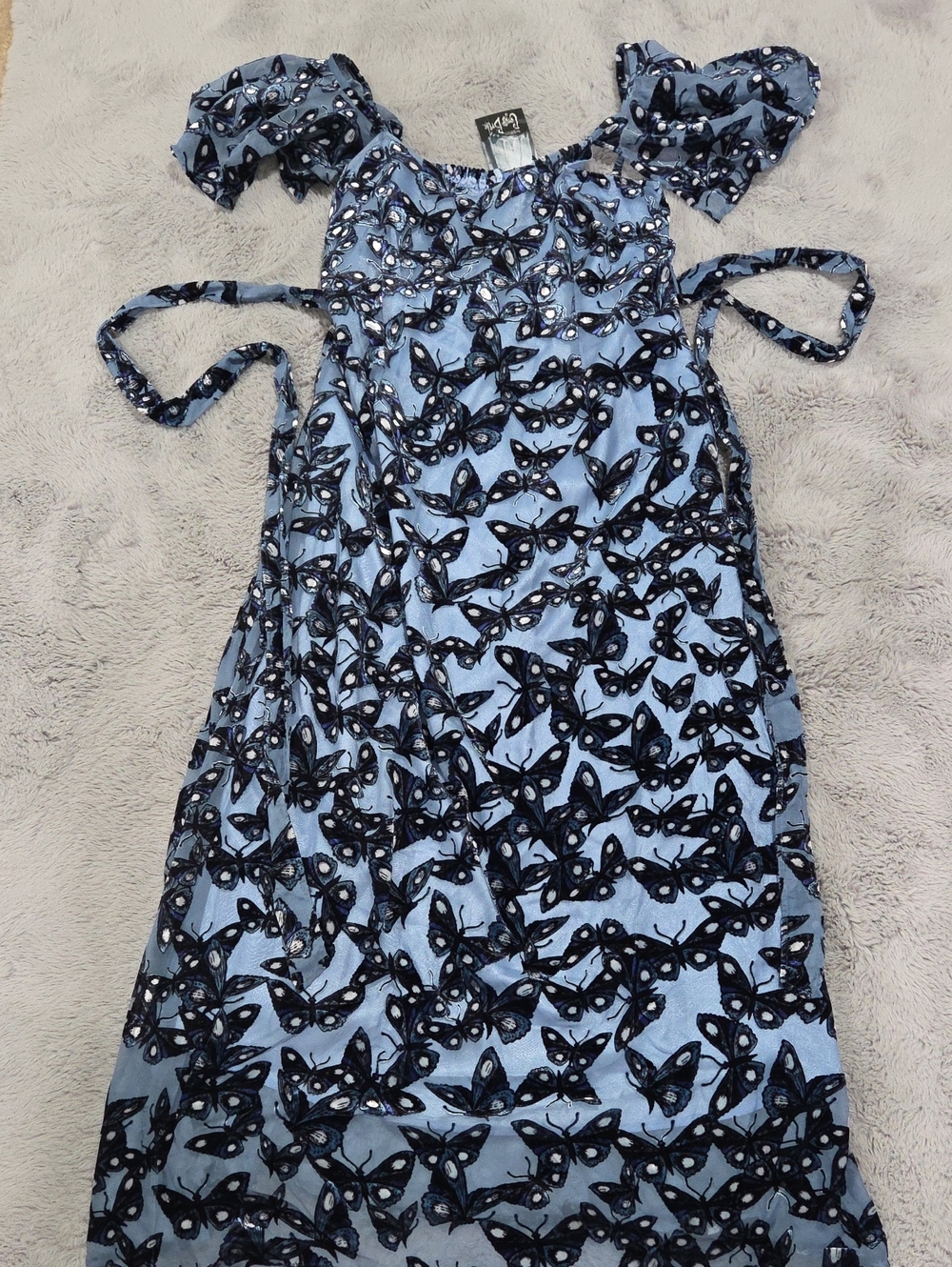 La Femme En Noir Corpse Bride Blue Butterfly Print Dress with Flutter Sleeve
